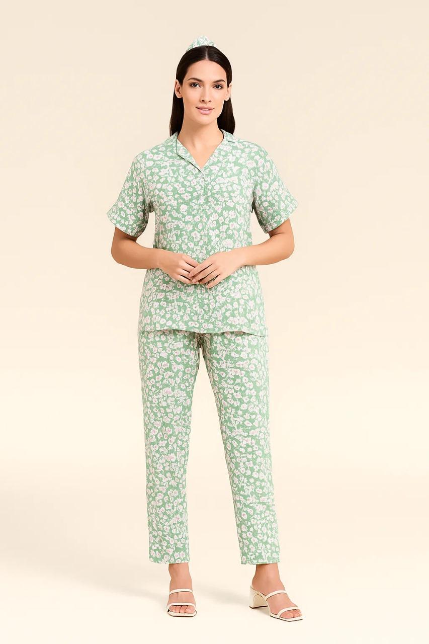 Linen Pajama Suit with Scrunchie - Lime Petal