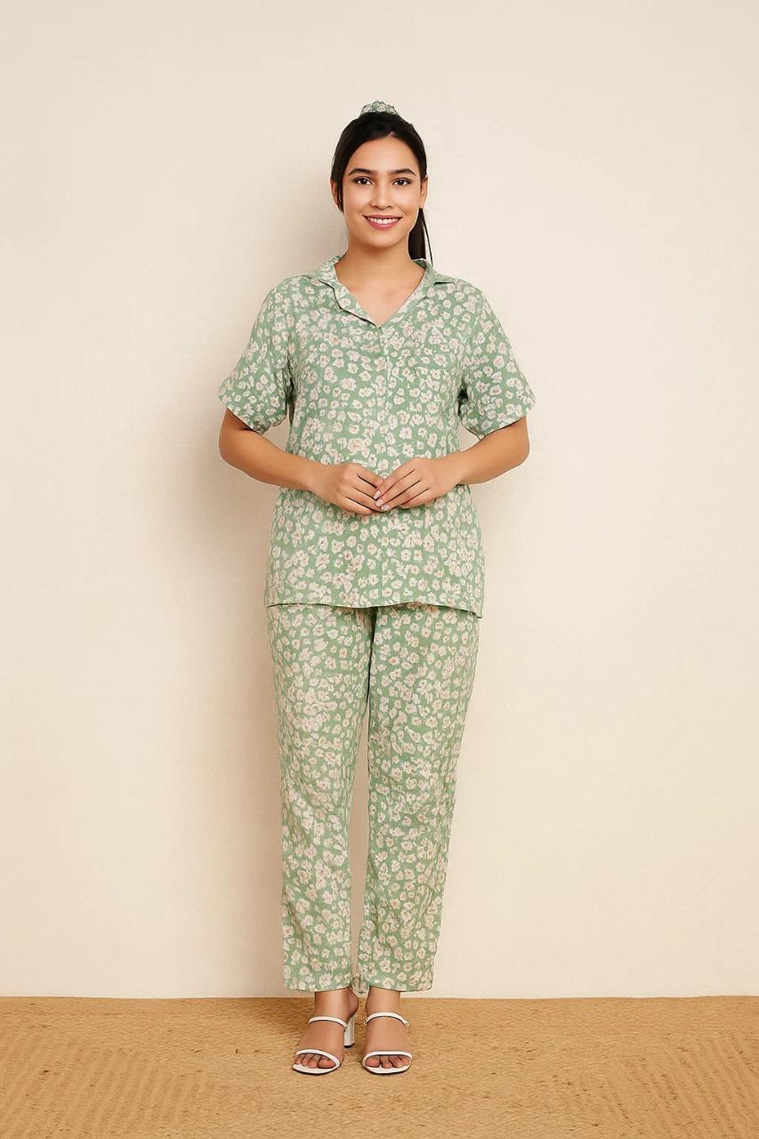 Linen Pajama Suit with Scrunchie - Lime Petal