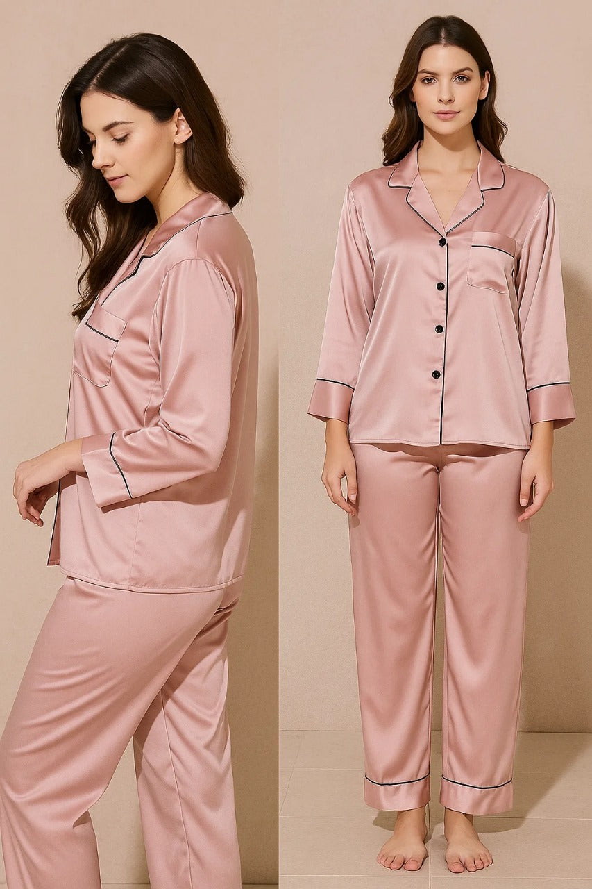 Silk Night Suit with Scrunchie – Pearl by MID NIGHT BLUSH