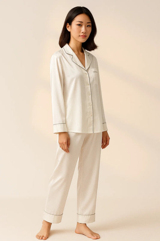 Silk Night Suit with Scrunchie – Pearl by MID NIGHT BLUSH